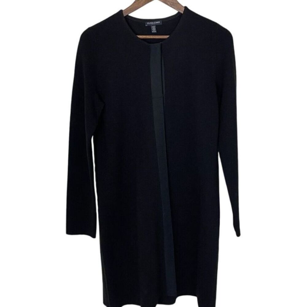 EILEEN FISHER Womens Long Wool‎ Tunic Top Black Knit Buttons Size Petite Medium